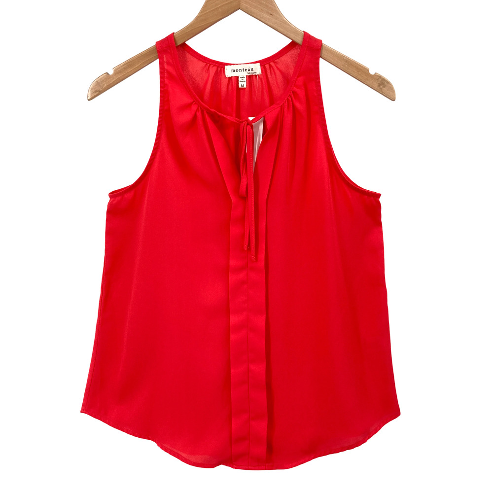 Monteau Orange Red Sleeveless Tie Neck Blouse Top Medium Womens Summer Beach